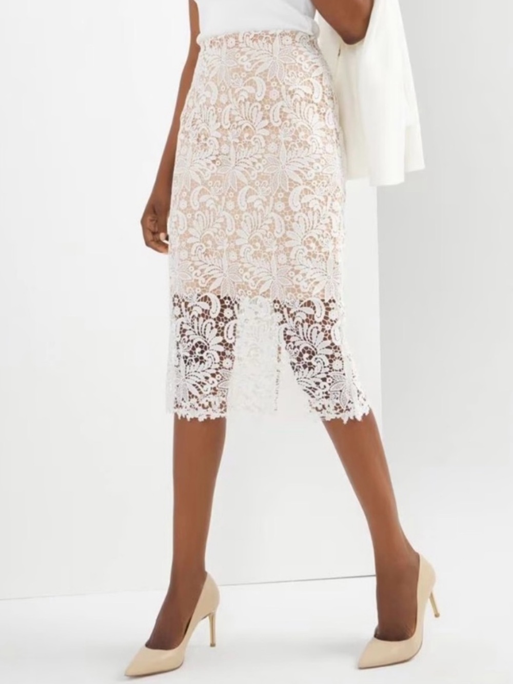 White House Black Market White Lace Midi Skirt